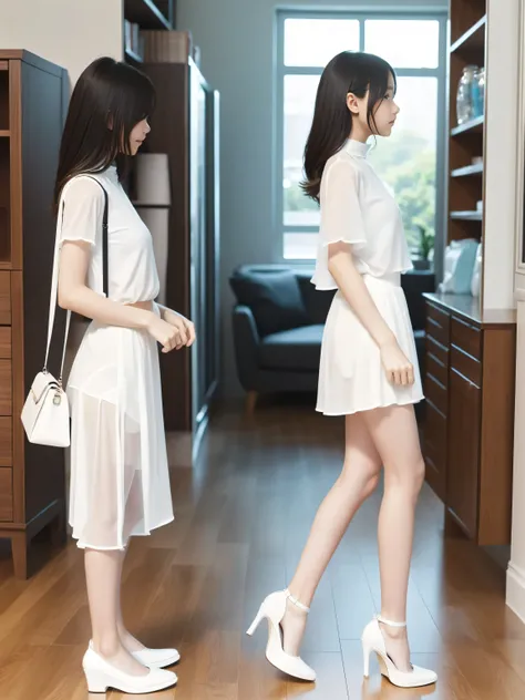 ((Full body:1.2,Voyeur from the side:1.2,from a distance:1.2)),3 Japanese girls,(kneeling),(arms behind back),blushing and embarrassed face,summer casual style,See-through white blouse,See-through white flare skirt,white choker,See-through white Panty,whit...