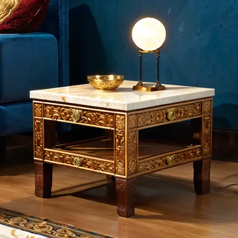 there is a table with a bowl on it and a lamp on it, wooden side table, intricately carved, center focus on table, highly ornate, exquisitely ornate, super intricate, intricate ornate, with ornamental edges, luxurious wooden coffee table, bold. intricate, ...