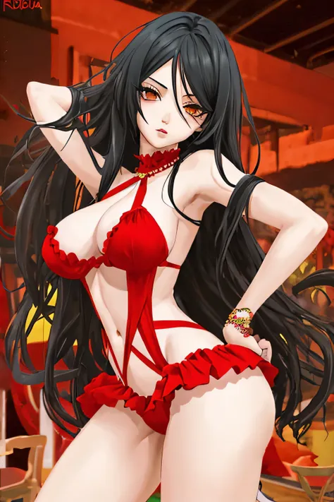 Chica sexy anime con gran culo y gran teta, cabello rojo cara linda, medias negras hasta la rodilla, pose sexy, detalles por todo el cuerpo