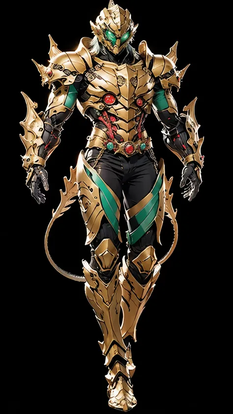 A man wearing a full-face helmet, a fantasy-style biomecha armored combat suit, green eyes, a composite layered chest armor, fully enclosed shoulder guards, matching arm and leg guards, the belt is adorned with dragon claw grasping orbs, primarily black wi...