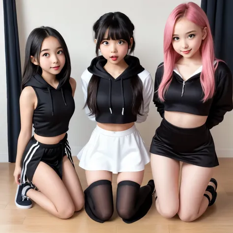 3 sweet innocent tween 18 year olds kneeling, bound, tied up, wearing crop top hoodies and short skirts, ahegao, innocent and pl...