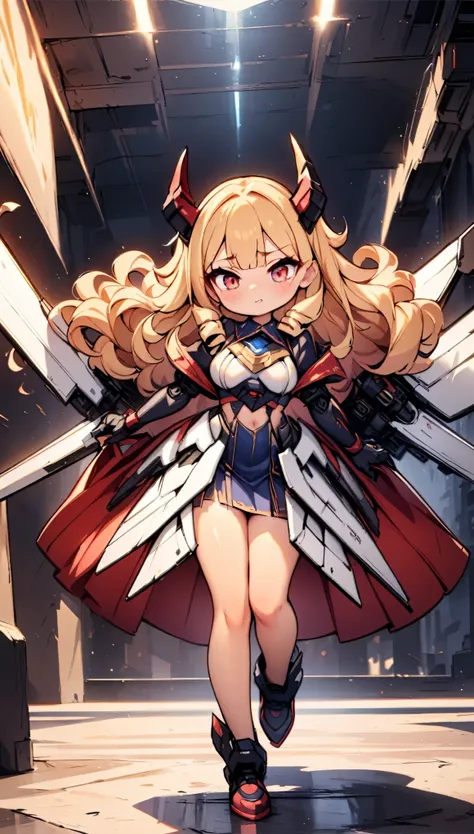 masterpiece, Best Quality, Very detailed, High resolution, Japanese anime、1girl, Blonde Hair、（long length hair：1.4）、Side braid hair, Curly Hair, Wavy Hair、, Drill Hair, Curly Outward Hair, Dragon Horn, (mechanical wing:1.6), (red eyes：1.5）、（Beautiful detai...