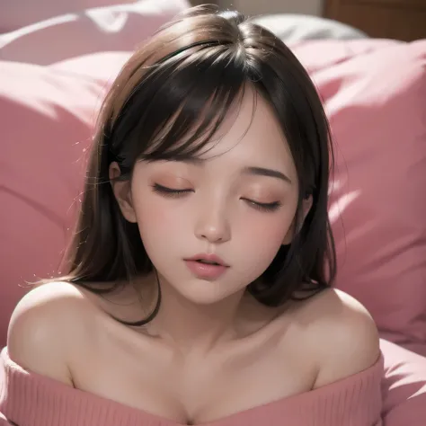 (best quality, highres), sexy woman, beautiful face, closed eyes, open mouth, deep blush, red tip of nose, long neck, off shoulder pink sweater, medium chest with visible cleavage, bedroom, warm lighting, lying on bed, head on pillow, facing the viewer