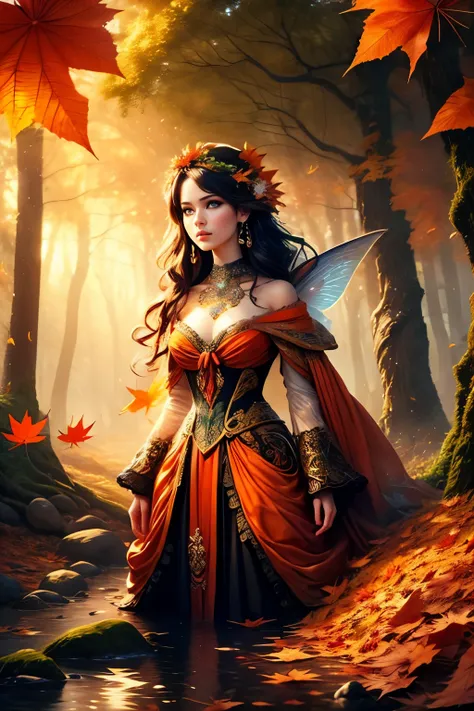 This is a (((highly detailed))) and (((hires))) fantasy image with (((many woodland elements))) and ((many colors)). Generate one interesting woman. The woman has striking eyes and beautiful eyes and ((colorful eyes)), with many colors and interesting patt...