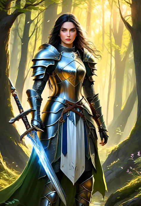 a picture of woman paladin of nature protecting the forest, a woman knight, black hair, long hair, full body (best details, mast...