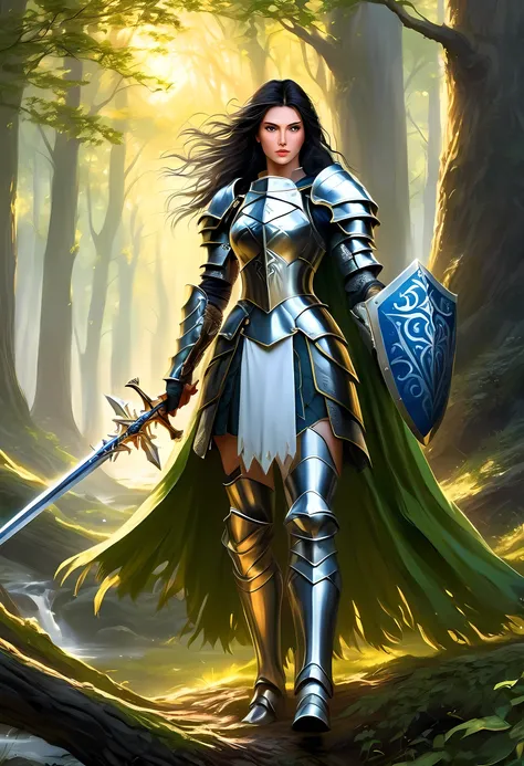 a picture of woman paladin of nature protecting the forest, a woman knight, black hair, long hair, full body (best details, mast...