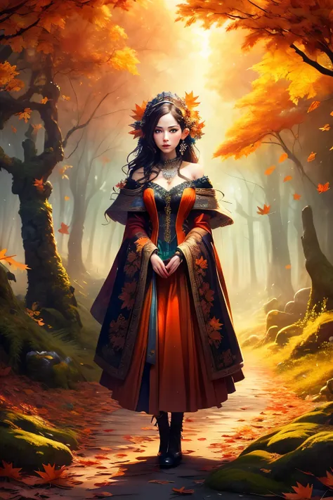 This is a (((highly detailed))) and (((hires))) fantasy image with (((many woodland elements))) and ((many colors)). Generate one interesting woman. The woman has striking eyes and beautiful eyes and ((colorful eyes)), with many colors and interesting patt...