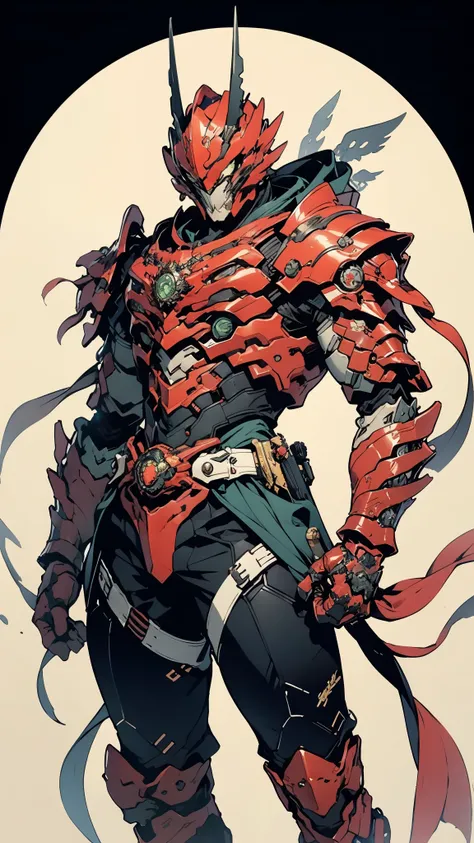 A man wearing a full-face helmet, a fantasy-style biomecha armored combat suit, green eyes, a composite layered chest armor, fully enclosed shoulder guards, matching arm and leg guards, the belt is adorned with dragon claw grasping orbs, primarily black wi...