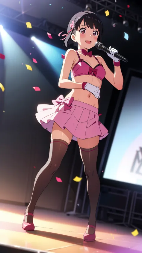 shinkai makoto, kimi no na wa., 1girl, bangs, black hair, blush, brown eyes, idol, collarbone, red headband, red ribbon, bow hair ornaments, pink bikini, pink skirt, short skirt, bare shoulders, black thighhighs, white gloves, pink arm strap, short hair, s...