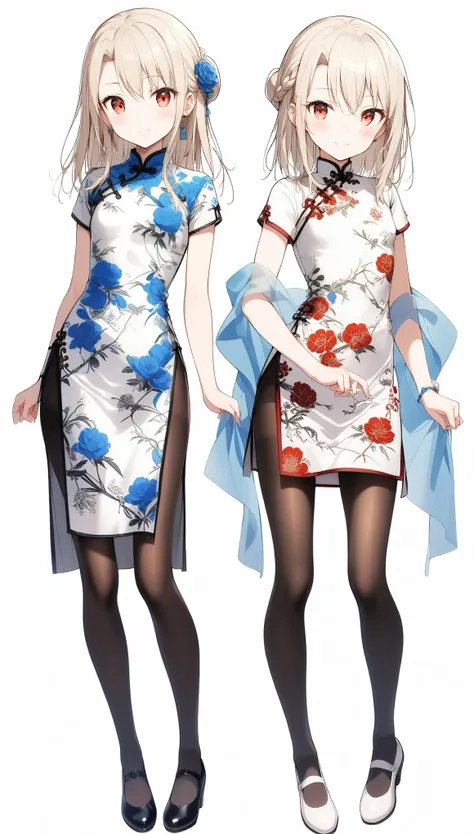 qipao,1girl,(illyasviel von einzbern),red_eyes,cream hair,(french braid),smile,blue flower,breasts,china dress,chinese clothes,dress,shawl,earrings,floral print,cloth shoes,standing,long hair,looking at viewer,pantyhose,print dress,simple background,smile,...