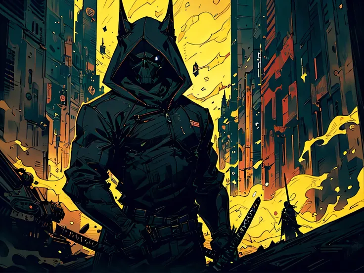 2d comics style ,a man, wearing black outfit suit, the suit is old and cheap, skull head mask ,holding a long katana, front view,  stunding straight (no pose),( just holding the gun), downtown background, neon light, outdoor, landscape, amazing perspective...