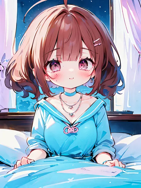 {{{{masterpiece}}}}, {{{Super detailed}}}, {{{high resolution}}},{{high resolution:1.3}}, {{good anatomy}}, (((best quality))), ((on the bed,indoor,blue theme,anime style,anime girl)),(((pink eyes,brown hair))),(big perfect eyes),((yandere,dark eyelash)),(...