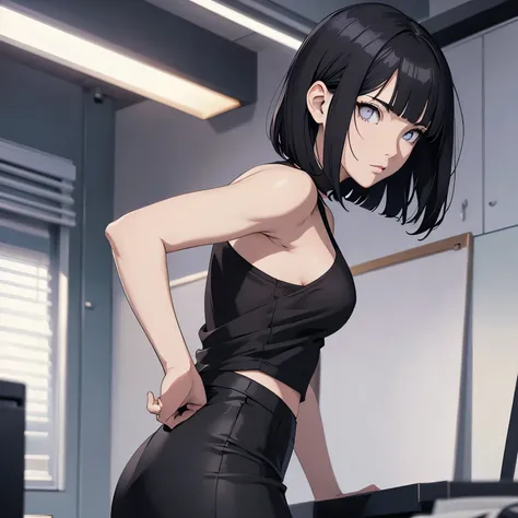 (masterpiece), anime, Best quality, good anatomy, one girl, full body, white eyes, realistic face, gloomy face, dark hair, short haircut ,bare shoulders, back, tight black top, black pencil skirt, beautiful legs, oficce, Reflectors, 8K masterpiece, super d...