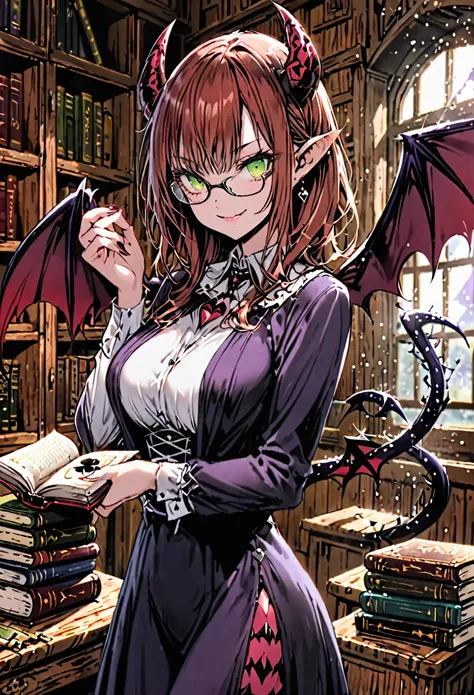 solo, female, sfw, medium shot, succubus, demon horns, large demon wings, spade tail, modest clothes, large breasts:1.1, pointy ears, magic on hand, book, glasses, smile, auburn hair, green eyes, antique wooden classroom