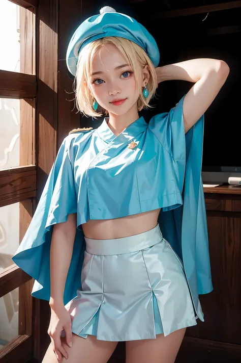 fajyobore-style, masterpiece, best quality, 1girl, 21 years old, smile, pink lips, aqua eyes, blue beret, blonde hair, closed mouth, earrings, hat, gem earrings, jewelry, looking at viewer, miniskirt, shirt, blue cape, short hair, solo, cowboy shot, hands ...