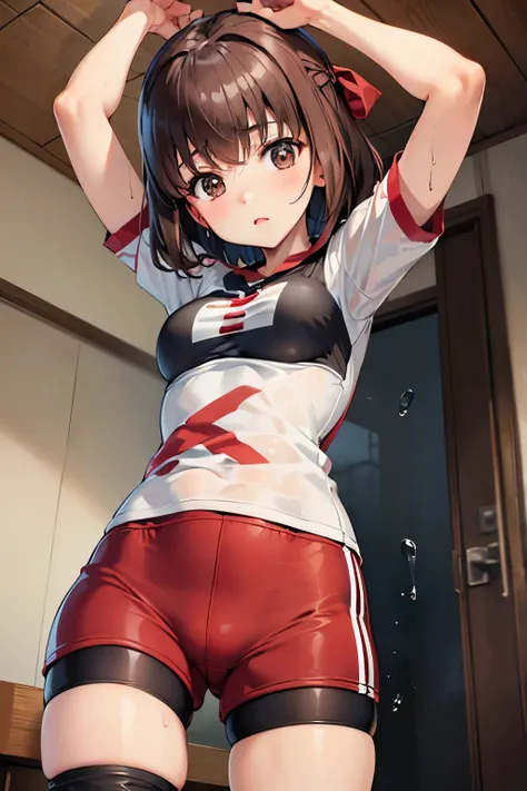 Taeko Kondo、Girls&Panzer、Brown Hair、Short Hair、((Bike Pants))、Photo from below、Medium chest、Bedroom、(Gym clothes with short sleeves)、Red ribbon、((Black knee-high socks))、(The whole body gets wet)