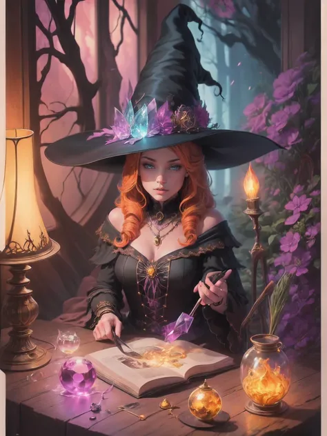 "Witchy Accessories": An illustration showcasing the iconic accessories of witches, including a pointed hat, broomstick, cauldron, and crystal ball, arranged in a visually appealing composition, Ultra realism, color field printing, high detail, UHD, 8k, an...