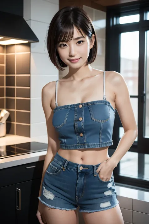 The beauty of 8K raw photos:2.0, Japanese woman, short hair, beautiful face and dark eyes, looking down, looking at the viewer:1.5, big smile, wet hair, tiny top, (denim shorts:1.2), shinny skin, open wide legs, realistic:1.9, very detailed, full body shot...