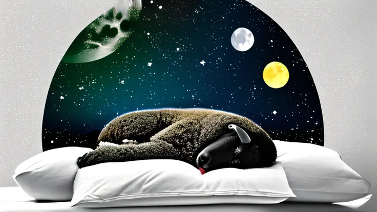 The sleeping black sheep lies in bed and looks at the moon outside