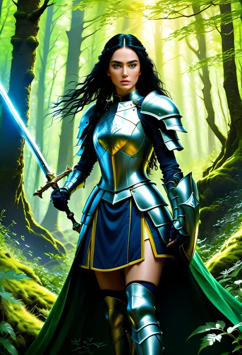 a picture of woman paladin of nature protecting the forest, a woman knight, black hair, long hair, full body (best details, mast...