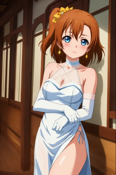 (Masterpiece, Best Quality, High Quality), cowboy shot,kousaka honoka, blue eyes,volumetric lighting, illustration, beautiful, breasts, alternate elegant hairstyle, blush, elegant skinny dress, lace straps, halter neck, jewelry, closed_mouth, diamond earri...