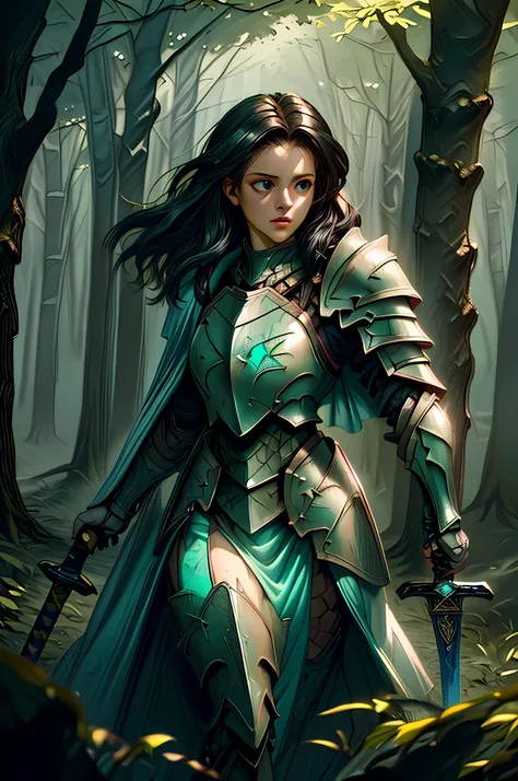 a picture of woman paladin of nature protecting the forest, a woman knight, black hair, long hair, full body (best details, mast...