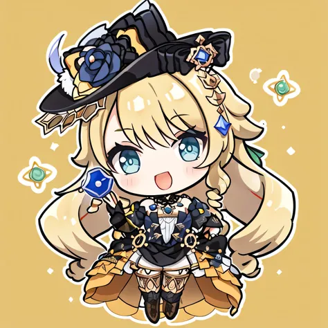 1 garota, navia (Impacto Genshin), tem, botas de coxa, Mangas destacadas, single glove, strapless dress, Colarinho destacado, capa de cintura, colar, joia, olhando para o espectador, sorriso, tiro de vaqueiro, sentado,  jardim, ao ar livre, profundidade de...