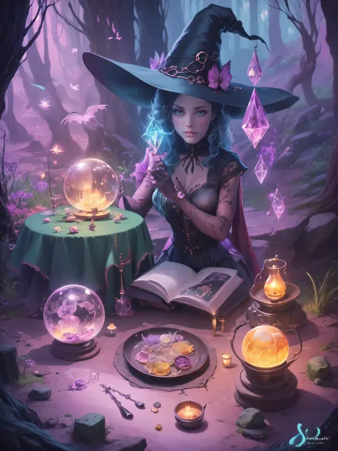 "Witchy Accessories": An illustration showcasing the iconic accessories of witches, including a pointed hat, broomstick, cauldron, and crystal ball, arranged in a visually appealing composition, Ultra realism, color field printing, high detail, UHD, 8k, an...