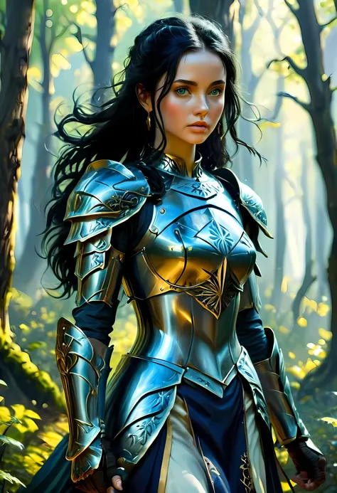 a picture of woman paladin of nature protecting the forest, a woman knight, black hair, long hair, full body (best details, mast...