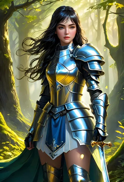 a picture of woman paladin of nature protecting the forest, a woman knight, black hair, long hair, full body (best details, mast...