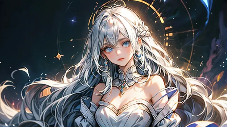 Slender, Delicate, Long hair, wavy hair, white hair, Soft, unmarked skin, Captivating light blue eyes, Fair complexion, but takes color in the sun, Noble, Elegant, Noble posture, Aura of royalty , but curious, Hidden liveliness, Quiet and serene presence, ...
