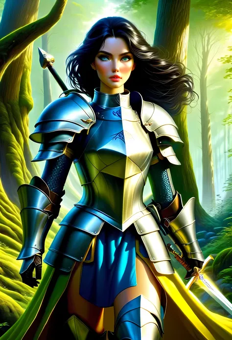 a picture of woman paladin of nature protecting the forest, a woman knight, black hair, long hair, full body (best details, Masterpiece, best quality :1.5), ultra detailed face (best details, Masterpiece, best quality :1.5), ultra feminine (best details, M...
