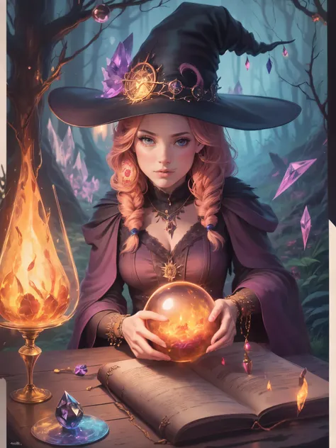 "Witchy Accessories": An illustration showcasing the iconic accessories of witches, including a pointed hat, broomstick, cauldron, and crystal ball, arranged in a visually appealing composition, Ultra realism, color field printing, high detail, UHD, 8k, an...