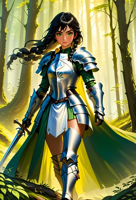 a picture of woman paladin of nature protecting the forest, a woman knight, black hair, long hair, full body (best details, mast...