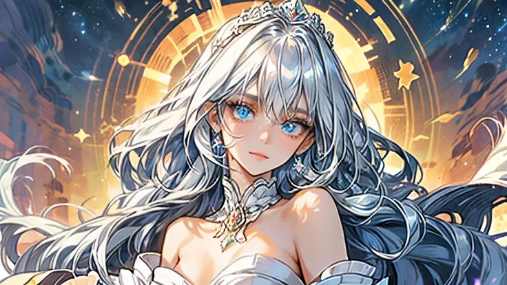 Slender, Delicate, Long hair, wavy hair, white hair, Soft, unmarked skin, Captivating light blue eyes, Fair complexion, but takes color in the sun, Noble, Elegant, Noble posture, Aura of royalty , but curious, Hidden liveliness, Quiet and serene presence, ...