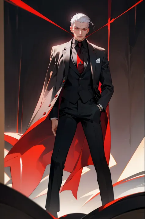 1male, adult, silver hair, short hair, slicked back hair, black suit, red tie, cigar, red eyes, night city , standing on path, p...