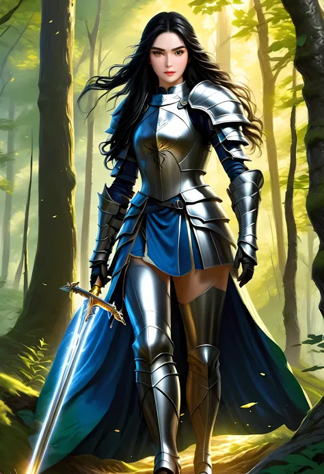 a picture of woman paladin of nature protecting the forest, a woman knight, black hair, long hair, full body (best details, mast...