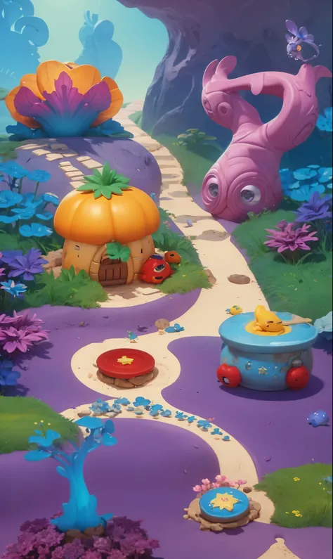 ,(in pixar style:1.2), Location map On the map, there should be 1.5 - 2 settings with a smooth transition. The main objects (character, level blocks, etc.) are the size of the setting of 5-7 levels each. ,There is a game location: Character on the level (s...