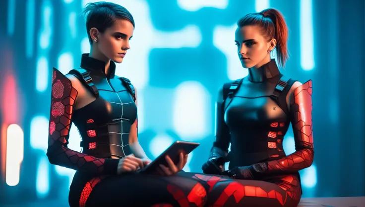 Two young female hackers sitting in a cyberpunk hackerspace with large windows in a cyberpunk metropolis facing the viewer, right arm resting on her waist, left arm held forward holding a transparent smart tablet, short silverwhite undercut haircut, immacu...