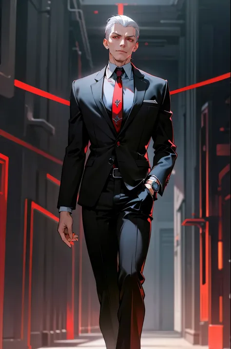 1male, adult, silver hair, short hair, slicked back hair, black suit, red tie, cigar, red eyes, night city , standing on path, p...