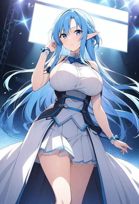 yuuki asuna, blue eyes, blue hair, long hair, bangs, braid, elf, ,　live stage, big breasts, formal dress　solo