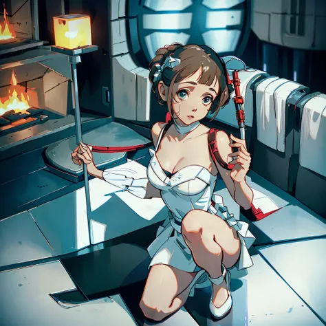 (Star Wars) Princess leia in her white dress is on her knees begging Darth Vader for mercy, she is in a torture chamber