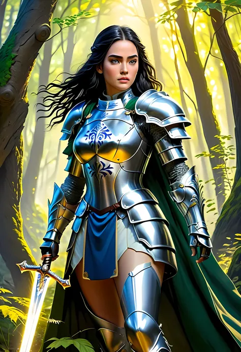 a picture of woman paladin of nature protecting the forest, a woman knight, black hair, long hair, full body (best details, mast...