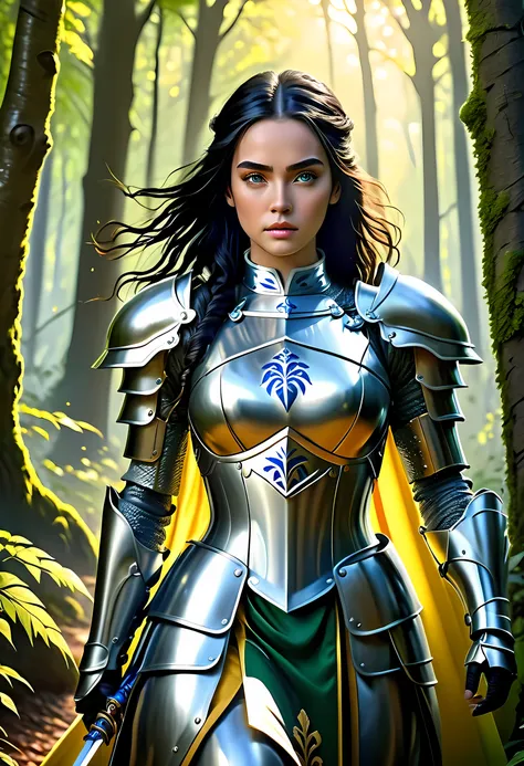 a picture of woman paladin of nature protecting the forest, a woman knight, black hair, long hair, full body (best details, Masterpiece, best quality :1.5), ultra detailed face (best details, Masterpiece, best quality :1.5), ultra feminine (best details, M...