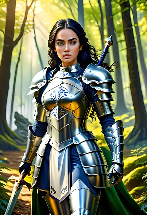 a picture of woman paladin of nature protecting the forest, a woman knight, black hair, long hair, full body (best details, mast...