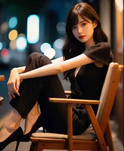 1 person, Attractive woman, A dignified woman, Wooden chair, Blouse and high heels, Slender trousers, Light makeup, depth of field, textured skin, super detail