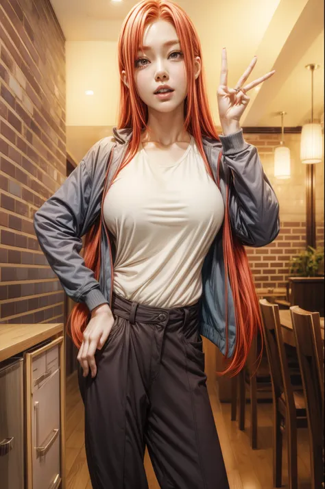 anime girl with red hair and white shirt posing in a restaurant, anya from spy x family, marin kitagawa fanart, rena nounen styl...