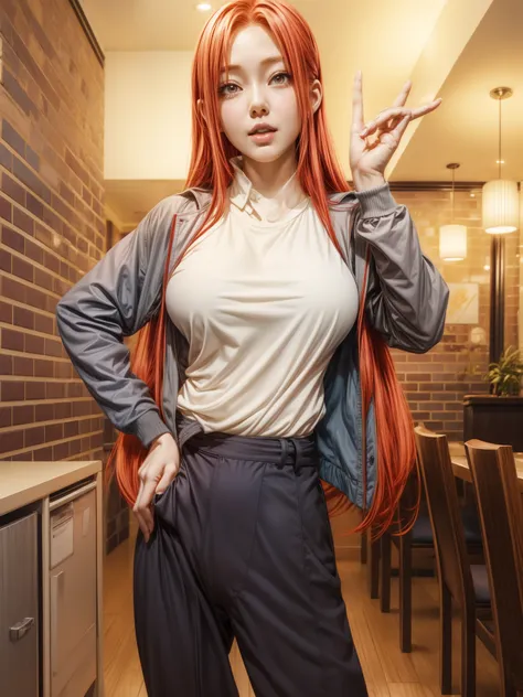 anime girl with red hair and white shirt posing in a restaurant, anya from spy x family, marin kitagawa fanart, rena nounen styl...