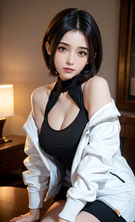 (Masterpiece:1.3), (8K, reality, Raw image, Best quality: 1.4), (1girl), Beautiful Face, (real face), (Black hair, short hair:1.3), Beautiful hairstyle, reality eyes, Beautiful detailed eyes, (Reality skin), Beautiful skin, Big breasts, exposed shoulders, ...