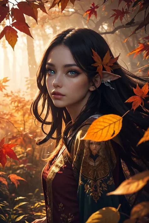 This is an ((ultra detailed)) and ((best quality)) fantasy (((masterpiece))). Generate a beautiful wood faerie standing in the middle of a magical forest. Detailed leaves of oranges and reds float through the air and seem to swirl in a strong gust of wind....